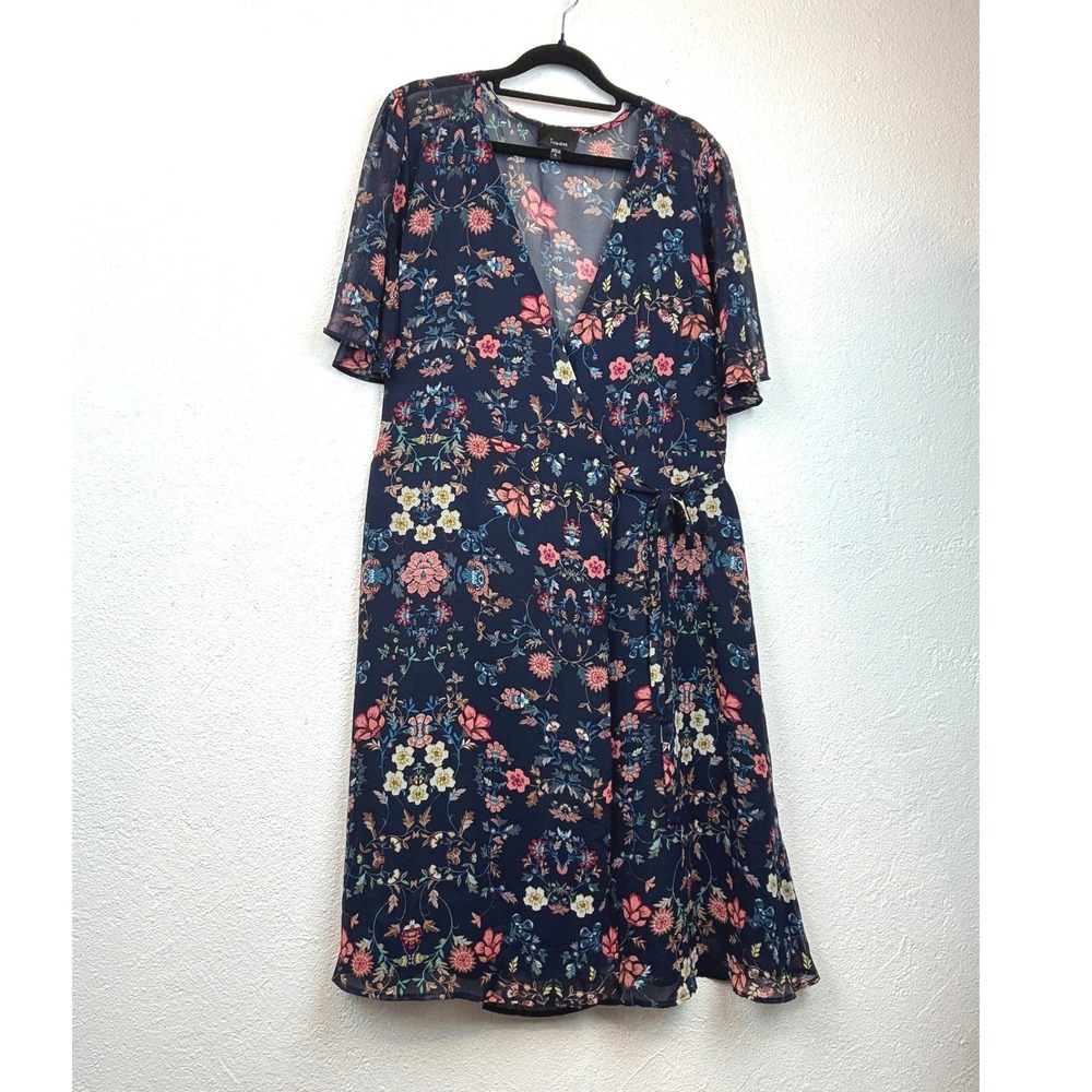 Lumiere Navy Blue Floral Wrap Dress - L - Chiffon Flutter Sleeve Boho ND31135